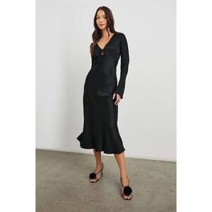 Rails Amanda Black Satin V-Neck Long Sleeve Midi Dress Size M Keyhole Neck